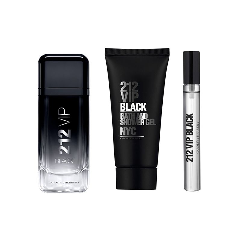 Kit-Perfume-Carolina-Herrera-212-VIP-Black-Masculino-Eau-de-Parfum-100-ml---Gel-de-Banho-100-ml---Miniatura-10-ml-Produtos