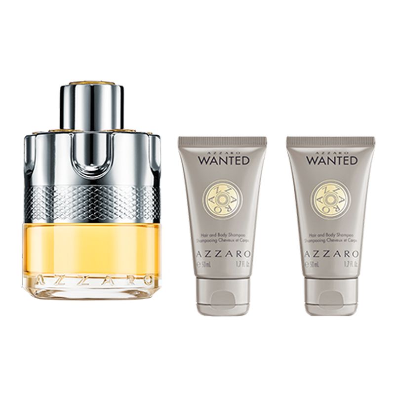 Kit-Perfume-Azzaro-Wanted-Eau-de-Toilette-Masculino-100-ml---Shampoo-Corpo-e-Cabelo-50-ml-Produtos