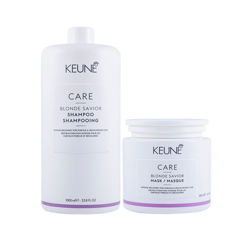 Kit-Keune-Cuidado-da-Cor----Shampoo-Keune-Care-Blonde-Savior-1000-ml---Mascara-de-Reparacao-Keune-Care-Blonde-Savior-500-ml-Vitrine