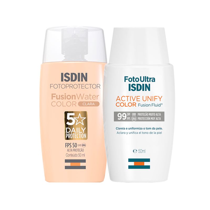 kit-isdin-foto-ultra-active-unify-fusion-fluid-color-protetor-facial-fps99-50ml-fusion-water-5-stars-color-prot-sol-facial-fps50-clara-50ml-Vitrine