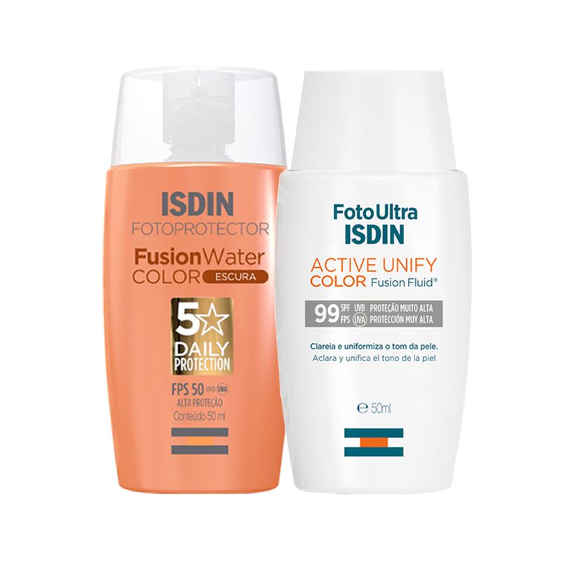 kit-isdin-foto-ultra-active-unify-fusion-fluid-color-protetor-facial-fps99-50ml-fusion-water-5-stars-color-prot-sol-facial-fps50-escura-50ml-Vitrine