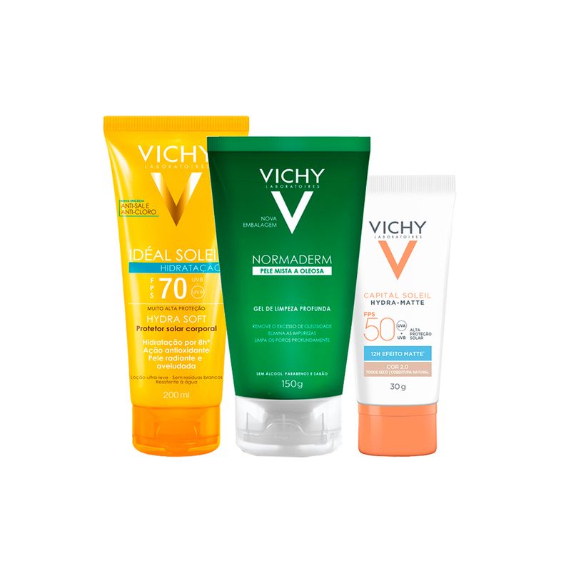 Kit-Vichy---Gel-Facial-de-Limpeza-Profunda-150-g---Protetor-Solar-Facial-FPS-50-Cor-2.0-30-g---Protetor-Solar-Corporal-FPS-70-200-ml-Vitrine