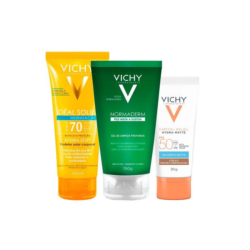Kit-Vichy---Gel-Facial-de-Limpeza-Profunda-150-g---Protetor-Solar-Facial-FPS-50-Cor-4.0-30-g---Protetor-Solar-Corporal-FPS-70-200-ml-Vitrine