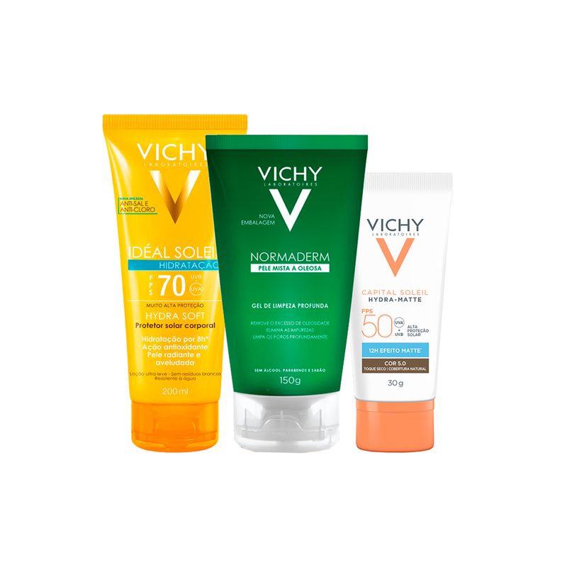 Kit-Vichy---Gel-Facial-de-Limpeza-150-g---Protetor-Solar-Facial-FPS-50-Cor-5.0-30-g---Protetor-Solar-Corporal-FPS-70-200-ml-Vitrine