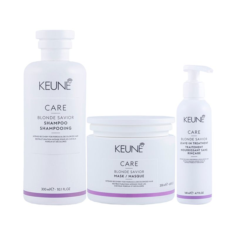 Kit-Keune-Cuidado-da-Cor---Shampoo-Keune-Care-Blonde-Savior-300-ml---Mascara-de-Reparacao-Keune-Care-Blonde-Savior-200-ml---Leave-in-Keune-Care-Blonde-Savior-140-ml-Vitrine