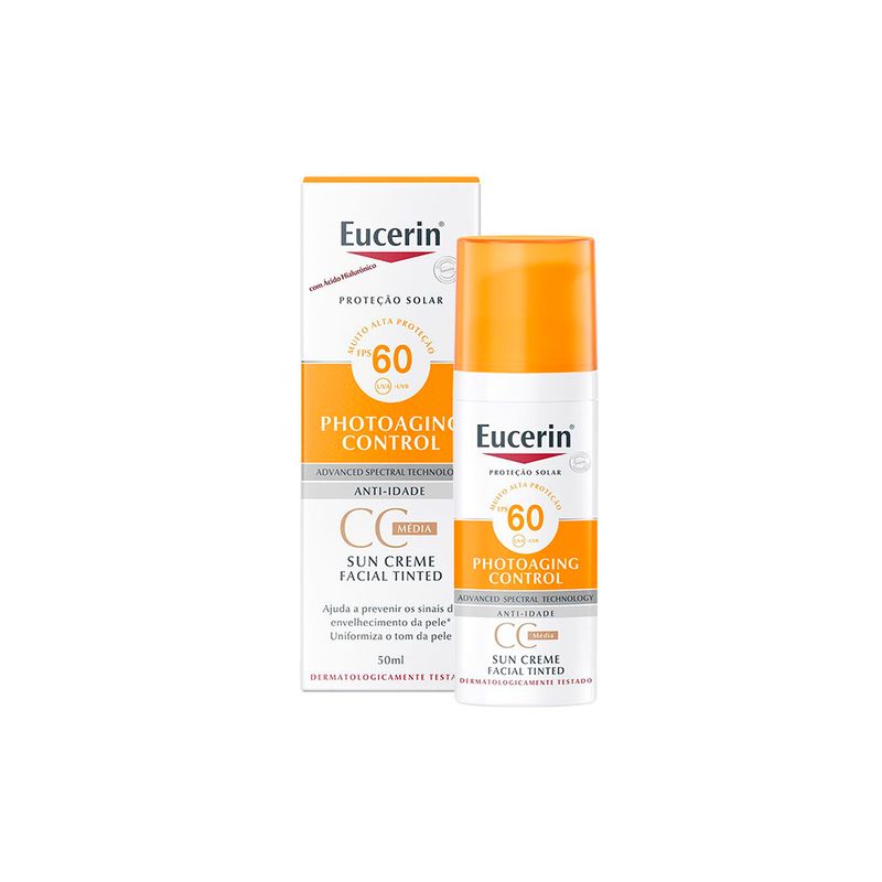 Protetor-Solar-Facial-Anti-Idade-Eucerin-Sun-Cc-Cream-Medio-FPS-60-50-ml-Caixa-e-Produto
