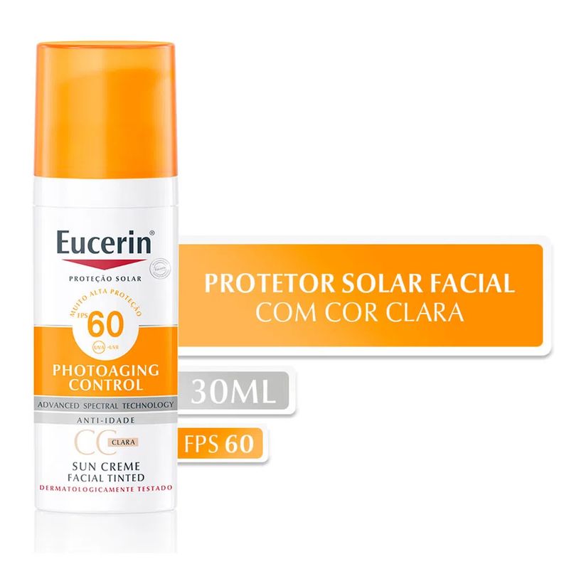 Protetor-Solar-Facial-Anti-Idade-Eucerin-Sun-CC-Cream-Claro-FPS-60-50-ml-Produto