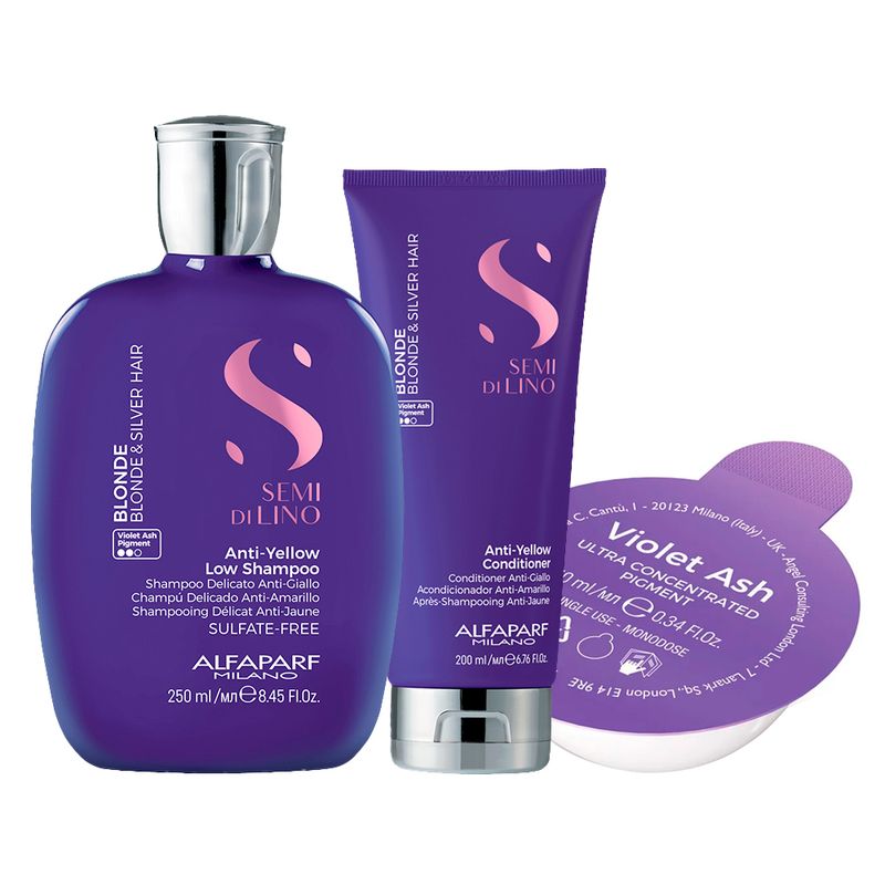 Kit-Alfaparf-Milano-Semi-Di-Lino-Blonde-Anti-Yellow--Shampoo-250-ml---Condicionador--200-ml---Pigmento-Concentrado-Violet-Ash-10-ml-Vitrine