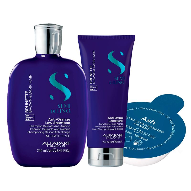 Kit-Alfaparf-Milano-Semi-Di-Lino-Brunette-Anti-Orange---Shampoo-250-ml---Condicionador-200-ml---Pigmento-Concentrado-Sublime-Ash-10-ml-Vitrine