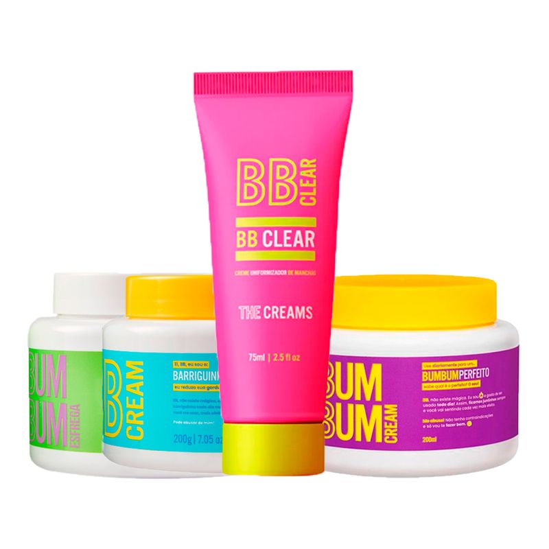 Kit-The-Cream---Creme-Modelador-200-ml---Creme-Firmador-200-ml---Esfoliante-Corporal-200-ml---Creme-Clareador-75-ml-Vitrine