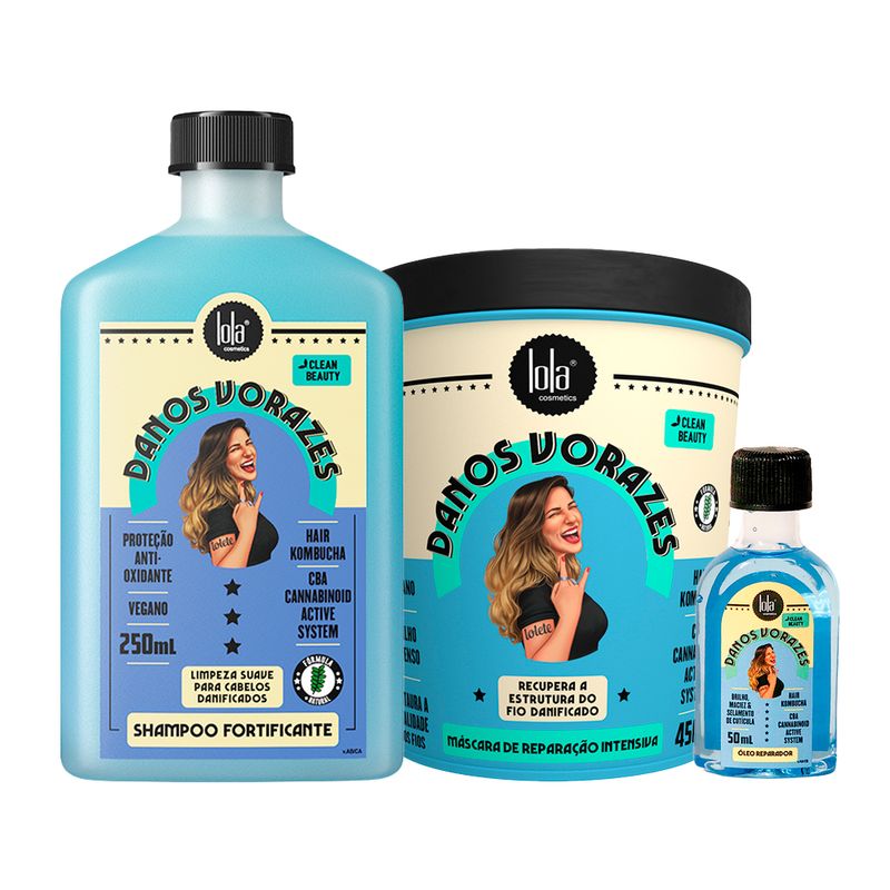 -Kit-Lola-Cosmetics-Reconstrucao-Danos-Vorazes---Shampoo-250-ml---Mascara-de-Reconstrucao-450-g---Oleo-Reparador-Capilar-50-ml-Vitrine