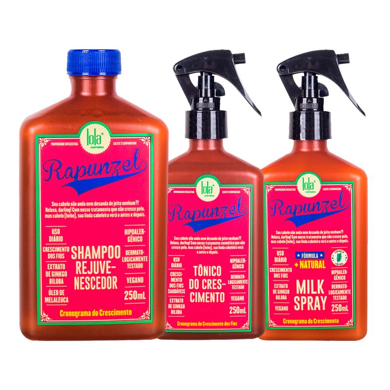 Kit-Lola-Cosmetics-Crescimento-Rapunzel---Shampoo-250-ml---Tonico-Capilar-De-Crescimento-250-ml---Leave-in-Spray-250-ml-Vitrine