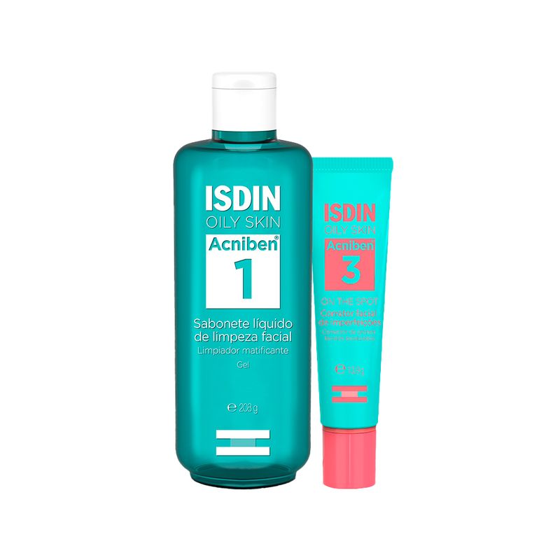 Kit-Isdin-Oily-Skin-Acniben---Gel-de-Limpeza-Facial-208-g---Gel-Secativo-para-Espinhas-138-g-Vitrine