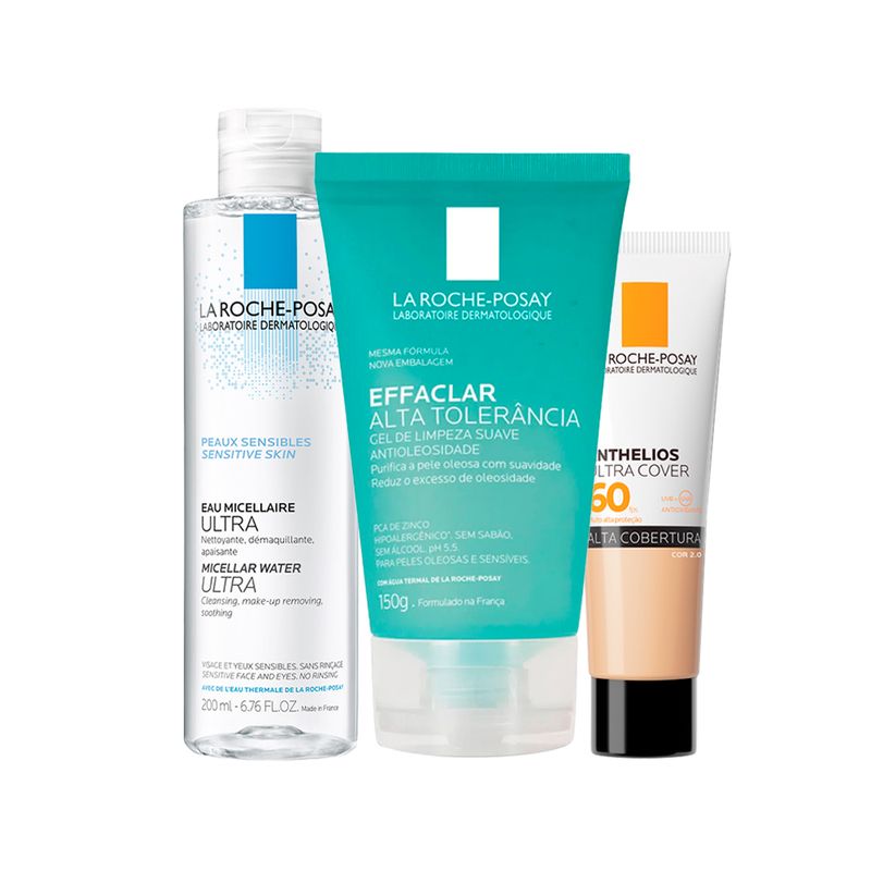 Kit-Cuidado-Facial-La-Roche-Posay---Agua-Micelar-Facial-200-ml---Gel-Facial-de-Limpeza-150-g---Protetor-Solar-Facial-FPS-60-Ultra-Cover-2.0-30-g-Prateleira