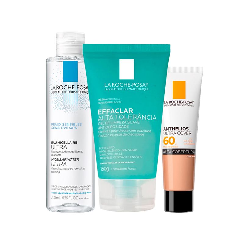 Kit-Cuidado-Facial-La-Roche-Posay---Agua-Micelar-Facial-200-ml---Gel-Facial-de-Limpeza-150-g---Protetor-Solar-Facial-FPS-60-Ultra-Cover-3.0-30-g-Prateleira