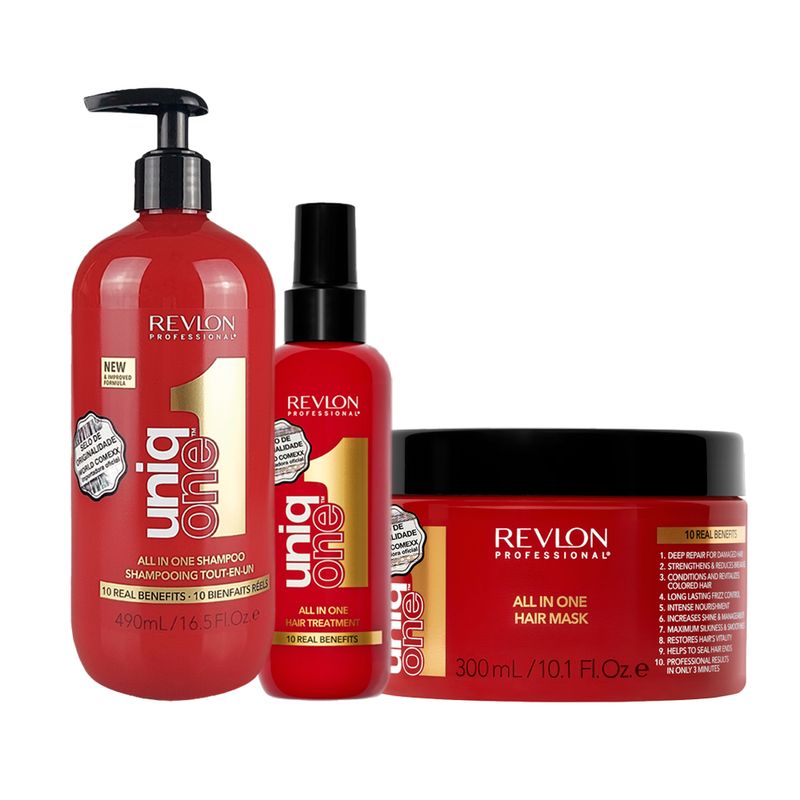 Kit-Capilar-Revlon-Uniq-One--All-in-One---Shampoo-490-ml---Mascara-300-ml---Leave-in-All-in-One-Hair-Tratament-150-ml-Vitrine