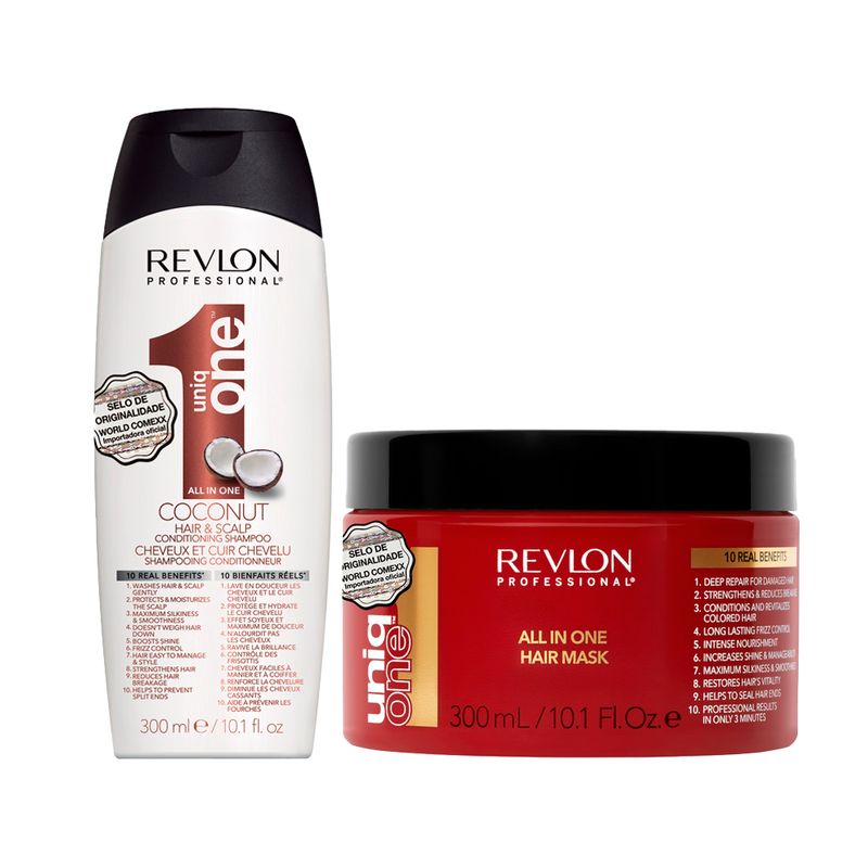 Kit-Capilar-Revlon-Uniq-One-Coconut---Shampoo-300-ml---Mascara-Uniq-One-All-In-One-300-ml-Vitrine