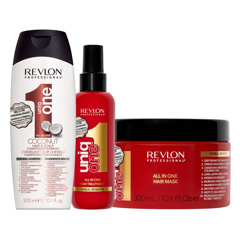 Kit-Capilar-Revlon-Uniq-One-Coconut---Shampoo-300-ml---Mascara-Uniq-One-All-In-One-300-ml---Leave-in-Revlon-Professional-All-in-One-Hair-Tratament-150-ml-Vitrine