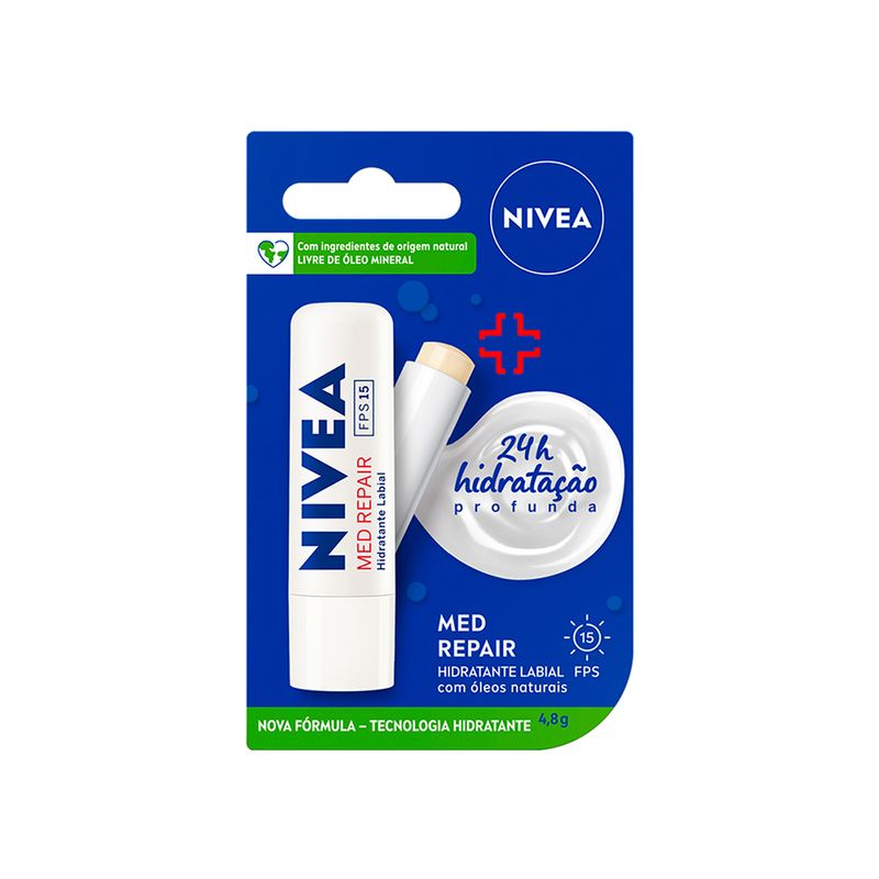 Protetor-Labial-Cremoso-Nivea-FPS-15-Med-Repair-48-g-Embalagem