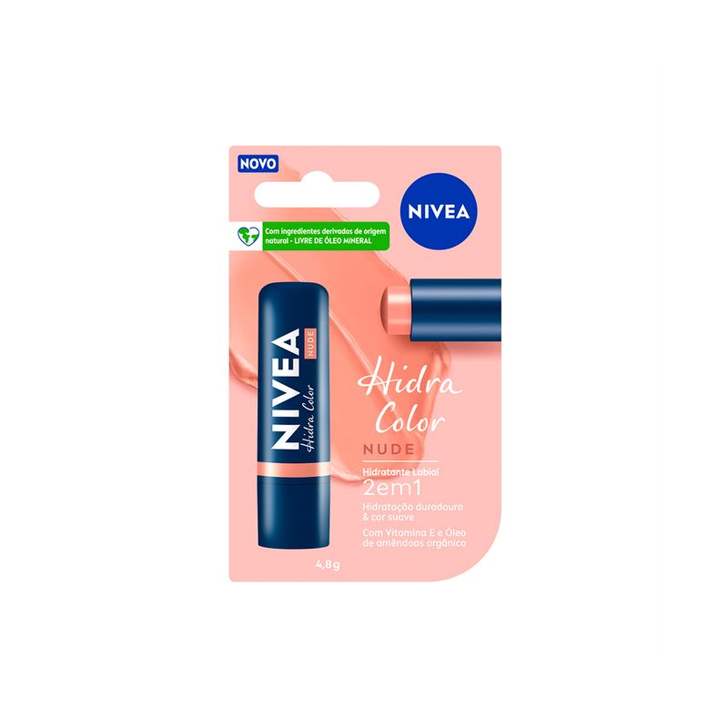 Hidratante-Labial-2-em-1-Cremoso-Nivea-Hidra-Color-Nude-48-g-Caixa-e-Produto