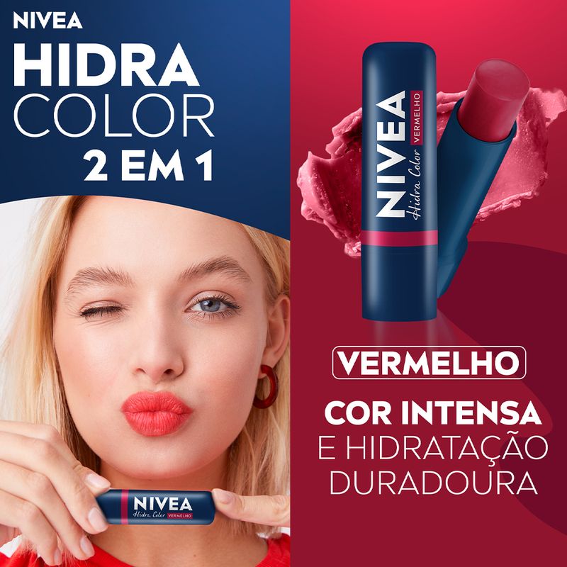 Hidratante-Labial-2-em-1-Cremoso-Nivea-Hidra-Color-Vermelho-48-g-Banner-Modelo-e-Produto
