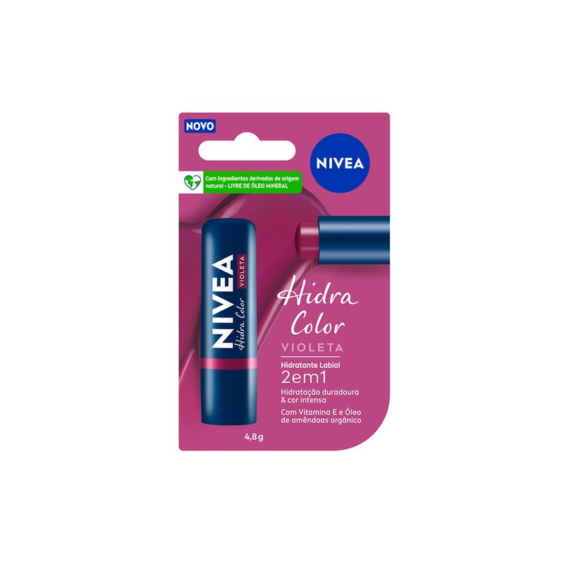 Hidratante-Labial-2-em-1-Cremoso-Nivea-Hidra-Color-Violeta-48-g-Caixa-e-Produto