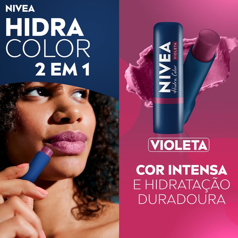 Hidratante-Labial-2-em-1-Cremoso-Nivea-Hidra-Color-Violeta-48-g-Banner-Modelo-e-Produto