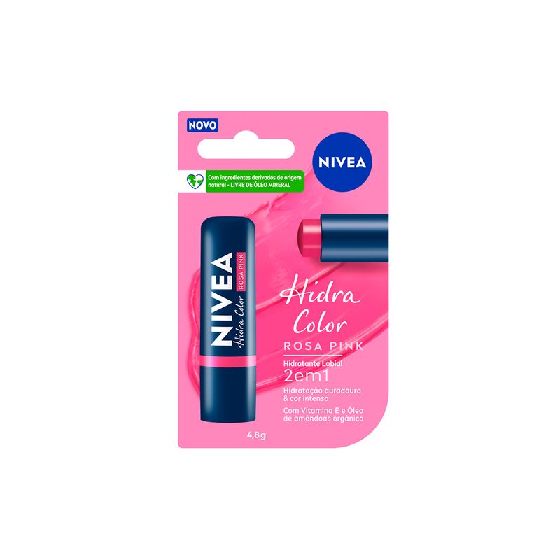 Hidratante-Labial-2-em-1-Cremoso-Nivea-Hidra-Color-Rosa-Pink-48-g-Caixa-e-Produto