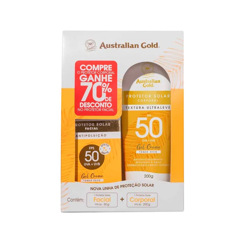 Kit-Protetor-Solar-Australian-Gold---Protetor-Facial-FPS-50-50-g---Protetor-Corporal-Gel-Creme-FPS-50-200-g-Vitrine