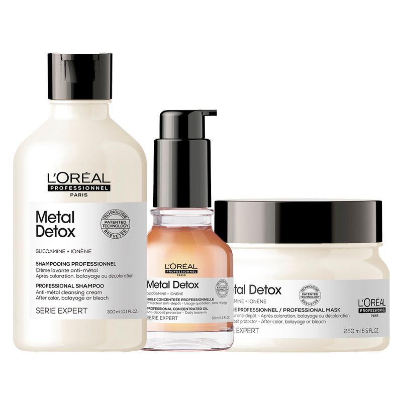 Kit-L-Oreal-Professionnel-Serie-Expert-Metal-Detox---Shampoo-300-ml---Oleo-Capilar-50-ml---Mascara-Protetora-250-g-Vitrine