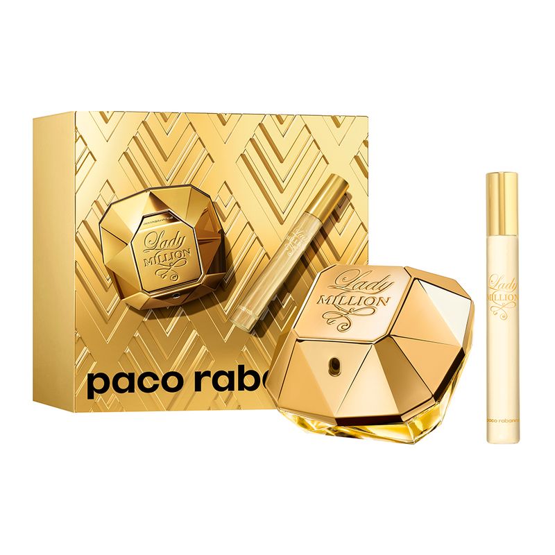 Kit-Perfume-Paco-Rabanne-Lady-Million-Eau-de-Parfum-Feminino-50-ml---Miniatura-10-ml-Vitrine