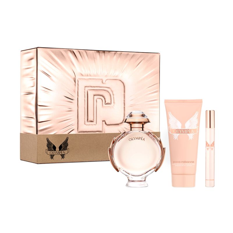 Kit-Perfume-Paco-Rabanne-Olympea-Feminino-Eau-de-Parfum-80-ml---Locao-Corporal-100-ml---Miniatura-10-ml-Vitrine