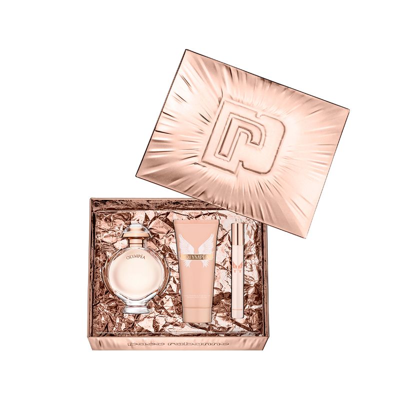Kit-Perfume-Paco-Rabanne-Olympea-Feminino-Eau-de-Parfum-80-ml---Locao-Corporal-100-ml---Miniatura-10-ml-Caixa-Aberta