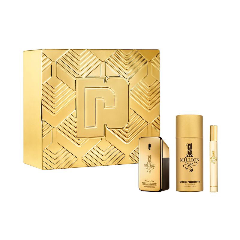 Kit-Perfume-Paco-Rabanne-1-Million-Masculino-Eau-de-Toilette-50-ml---Desodorante-150-ml---Miniatura-10-ml-Vitrine