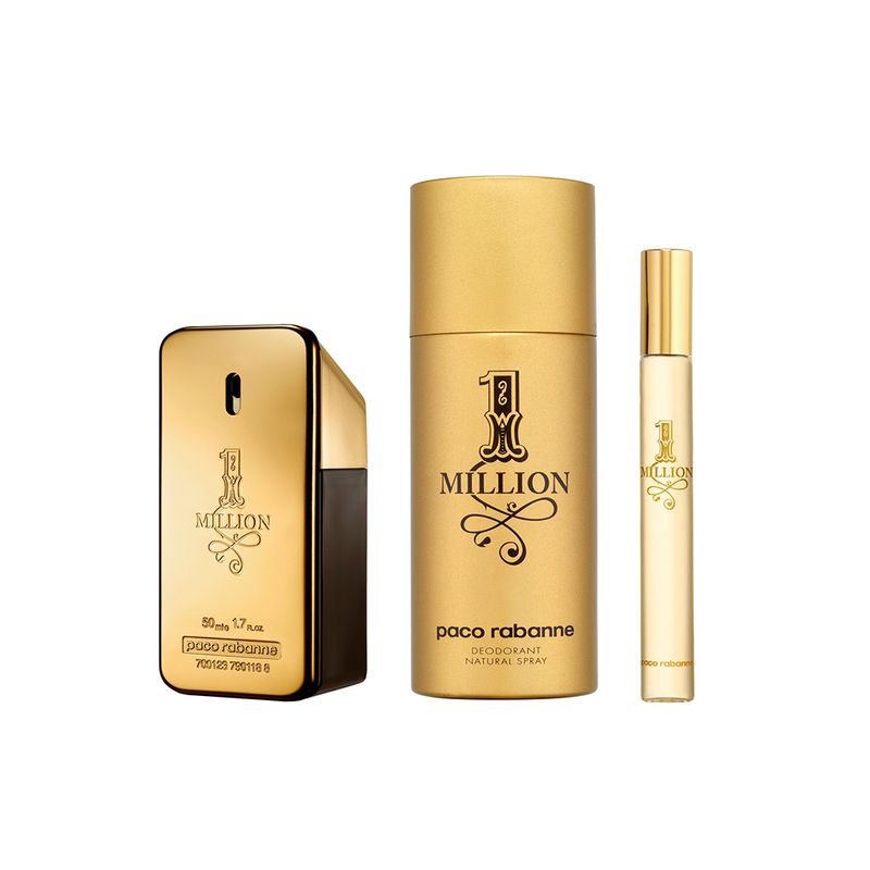 Kit-Perfume-Paco-Rabanne-1-Million-Masculino-Eau-de-Toilette-50-ml---Desodorante-150-ml---Miniatura-10-ml-Produtos