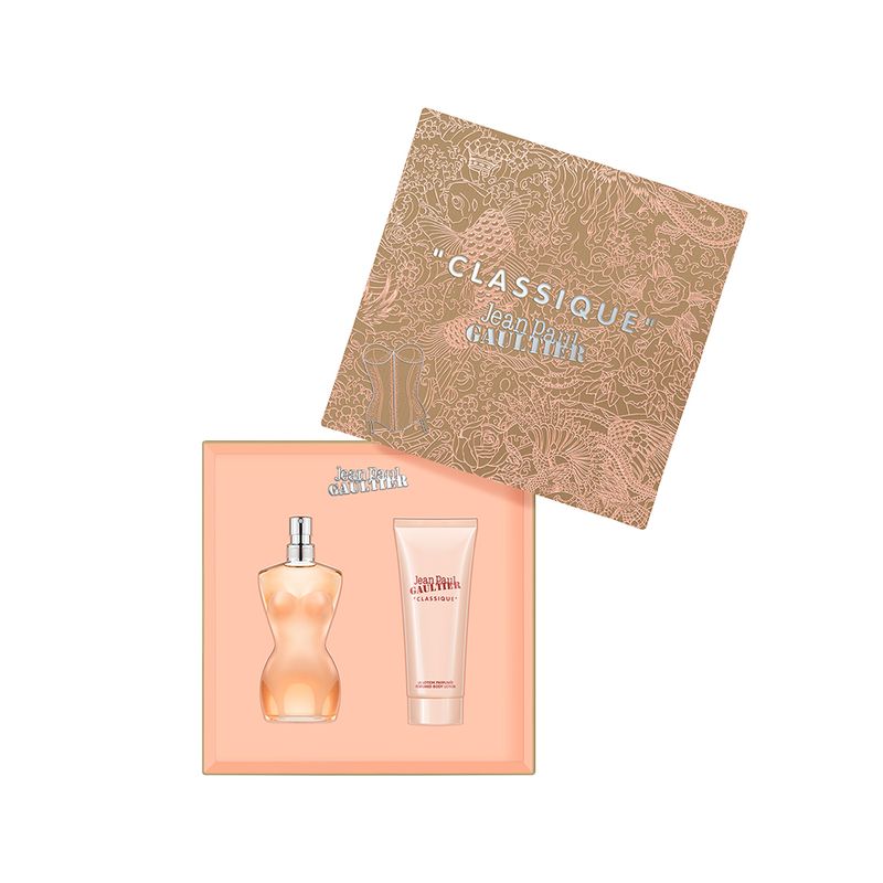 Kit-Perfume-Jean-Paul-Gaultier-Classique-Feminino-Eau-De-Toilette-50-ml---Locao-Corporal-75-ml-Caixa-Aberta