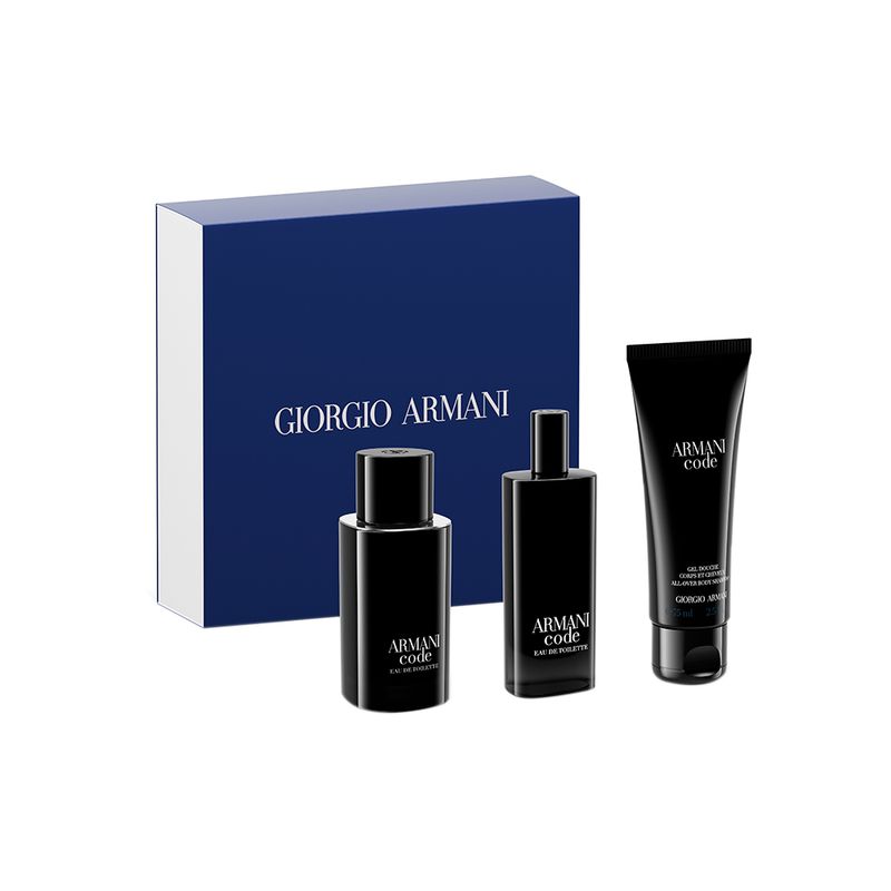 Kit-Perfume-Giorgio-Armani-Code-Masculino-Eau-de-Toilette-75-ml---Miniatura-15-ml---Gel-de-Banho75-ml-Vitrine