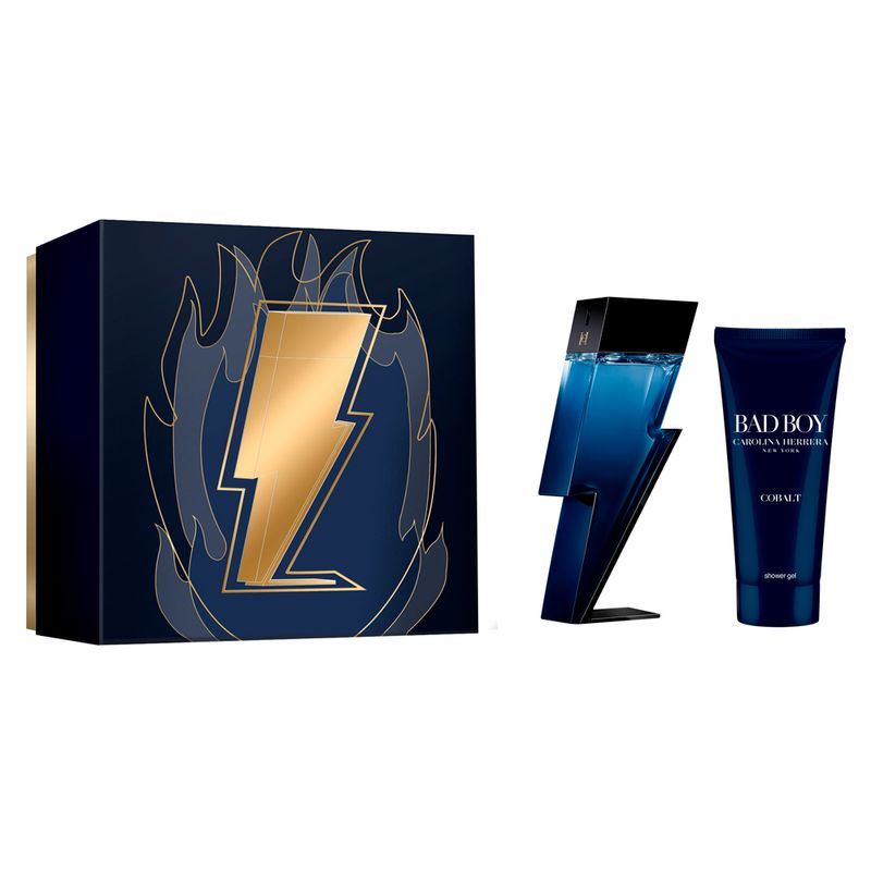 Kit-Perfume-Carolina-Herrera-Bad-Boy-Cobalt-Masculino-Eau-de-Parfum-100-ml---Gel-de-Banho-100-ml-Vitrine