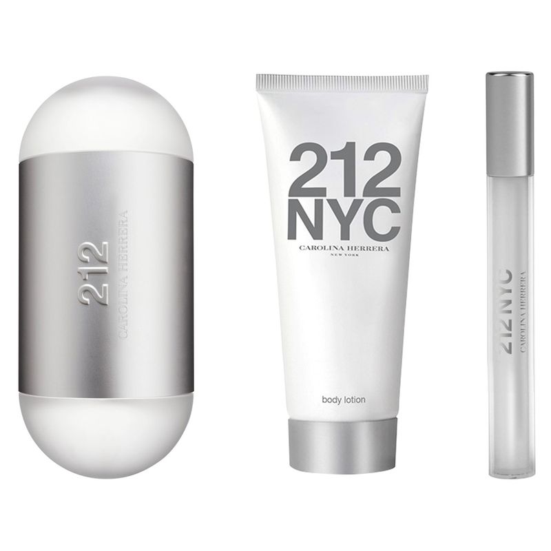 Kit-Perfume-Carolina-Herrera-212-NYC-Feminino-Eau-de-Toilette-100-ml---Locao-Corporal-100-ml---Miniatura-10-ml-Frasco