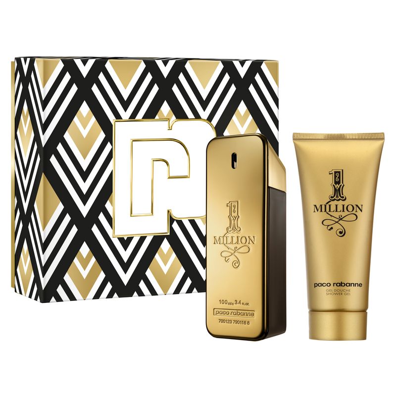 KIT-PACO-RAB-1-MILLION-EDT-PERF-MASC-100ML-GEL-DE-BANHO-100ML---CX-BEGE-BRANCO-E-PRETO