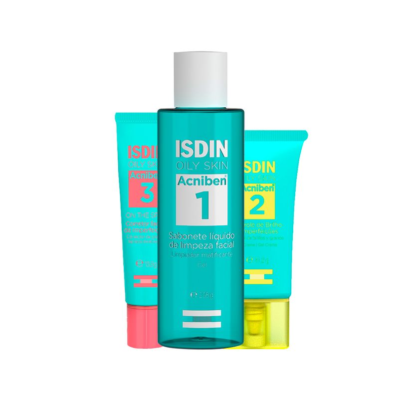 Kit-Isdin-Oily-Skin-Acniben---Gel-de-Limpeza-208-g---Gel-Creme-412-g---Gel-Facial-Secativo-para-Espinhas-138-g-Vitrine