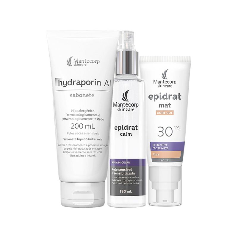 Kit-Facial-Mantecorp-Epidrat---Sabonete-de-Limpeza-Hydraporin-200-g---Agua-Micelar-190-ml---Creme-Hidratante-FPS-30-Claro-40-ml--Vitrine