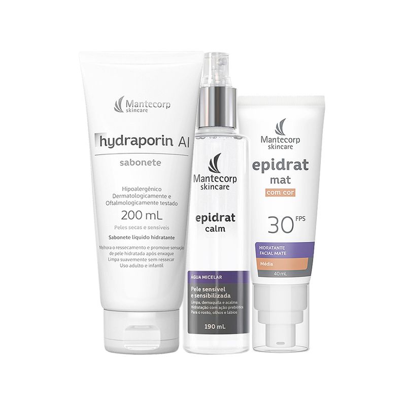 Kit-Facial-Mantecorp-Epidrat---Sabonete-de-Limpeza-Hydraporin-200-g---Agua-Micelar-190-ml---Creme-Hidratante-FPS-30-Medio-40-ml--Vitrine