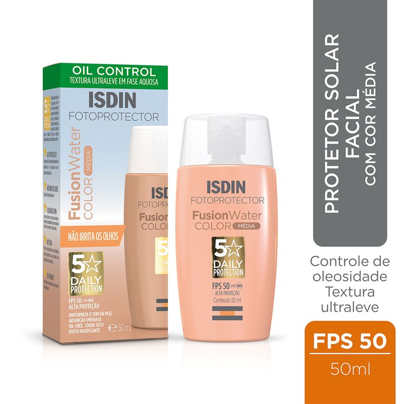 Protetor-Solar-Facial-com-Cor-Isdin-Fusion-Water-5-Stars-Color-FPS-50-Media-50-ml-Banner