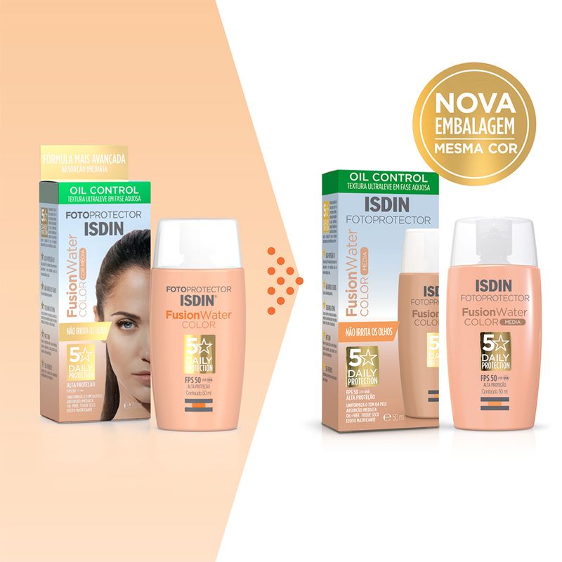 Protetor-Solar-Facial-com-Cor-Isdin-Fusion-Water-5-Stars-Color-FPS-50-Media-50-ml-Mudanca-de-Embalagem