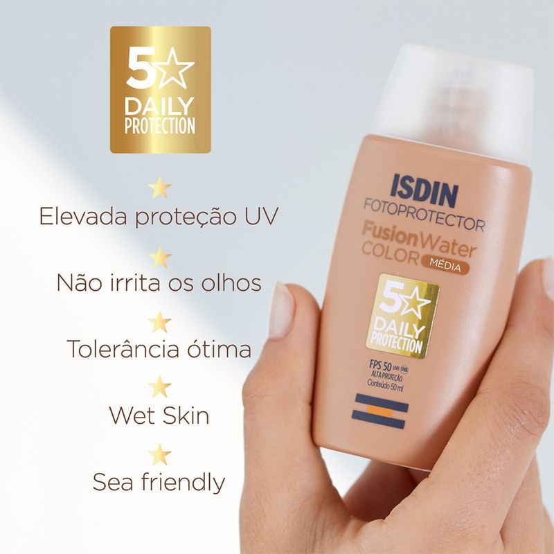 Protetor-Solar-Facial-com-Cor-Isdin-Fusion-Water-5-Stars-Color-FPS-50-Media-50-ml-Qualidades