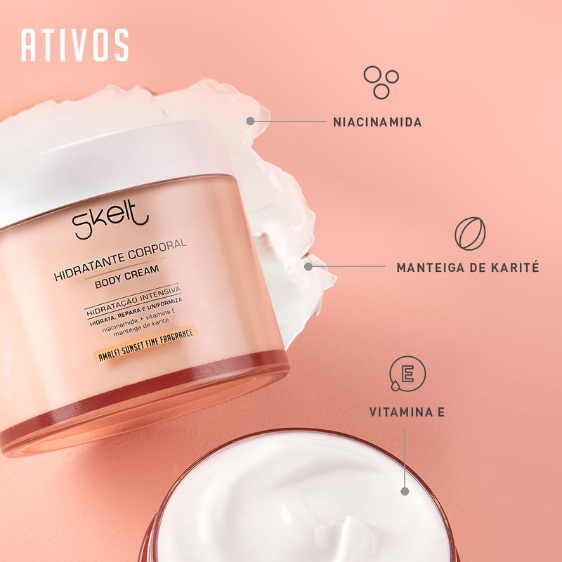 Creme-Hidratante-Corporal-Skelt-Niacinamida-Skelt-Skin---Body-Care-Body-Cream-Amalfi-Sunset-200-g-Ativos