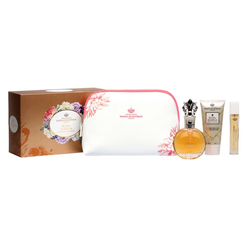 Kit-Perfume-Marina-de-Bourbon-Royal-Marina-Diamond-Feminino-Eau-de-Parfum-20-ml---Locao-Corporal-100-ml---Miniatura---Necessaire-Vitrine