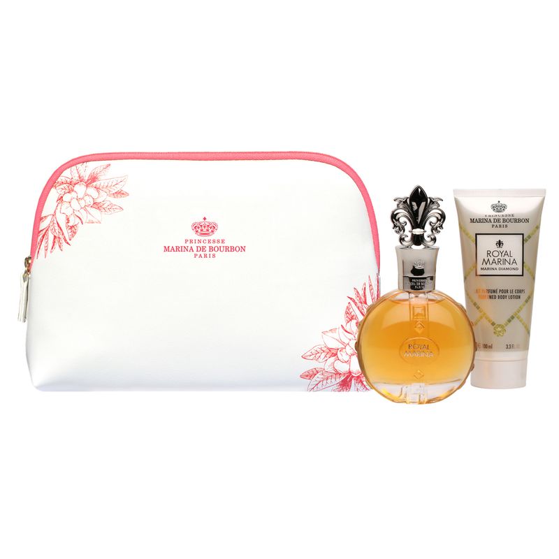 Kit-Perfume-Marina-de-Bourbon-Royal-Marina-Diamond-Feminino-Eau-de-Parfum-20-ml---Locao-Corporal-100-ml---Miniatura---Necessaire-Produtos