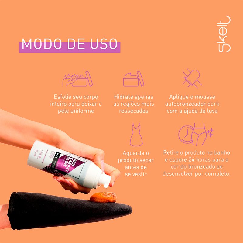 Mousse-Autobronzeador-Corporal-Skelt-Red-Carpet-Glow-Dark-140-ml-Uso